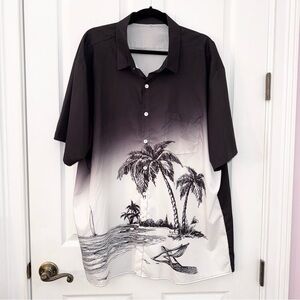 Black and White Men's Short Sleeve Button Down Shirt with Palm Tree Design 2XL
